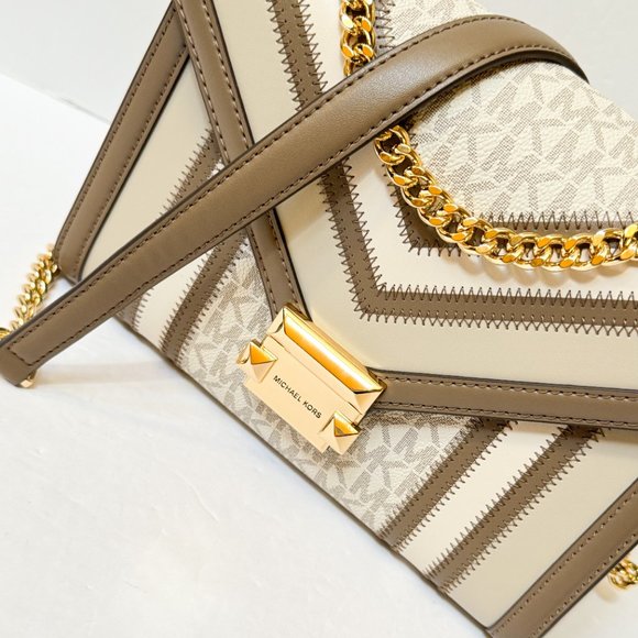 Michael Kors Whitney Medium Flap Shoulder Chain Crossbody Bag MK Vanilla Multi - Picture 9 of 16